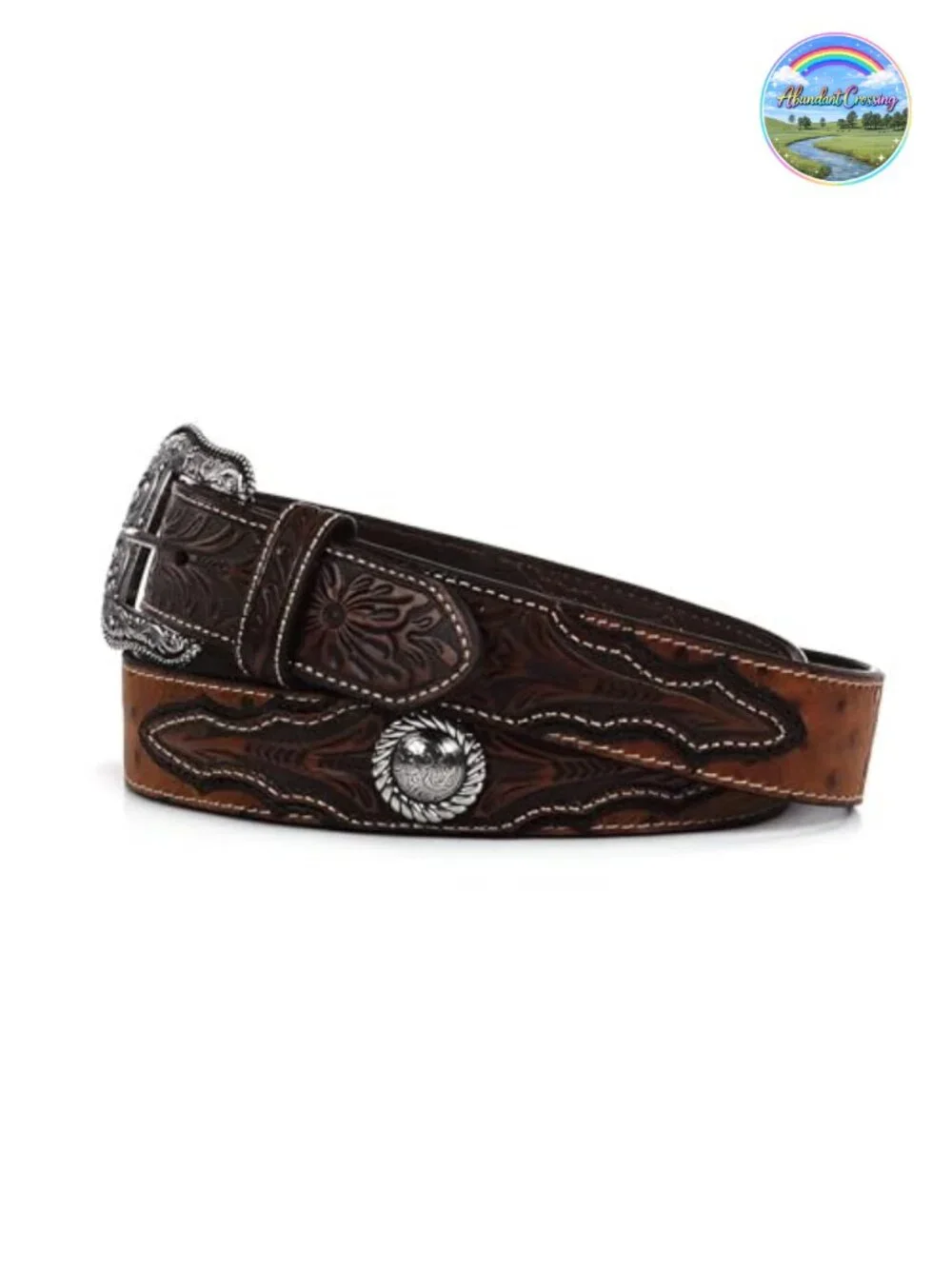 Faux Ostrich Leather Western Belt with Floral Emboss and Silver Conchos